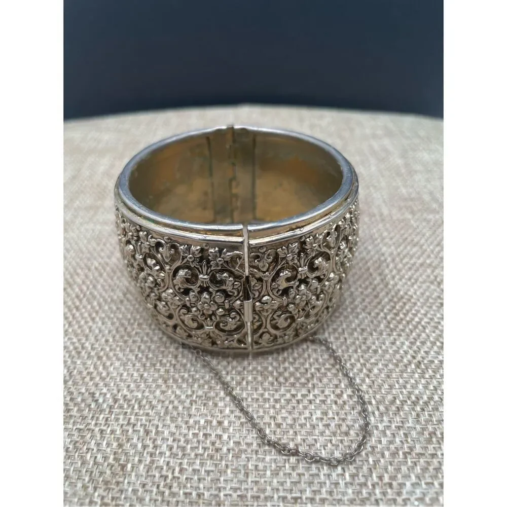 Vintage Silver Tone Wide Cuff Bangle Bracelet Scrolled Fancy Safety Chain